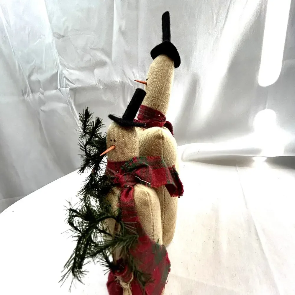 SKU2178 Handmade Flour Sack Snowmen With Trees Rustic Farmhouse Christmas Decor